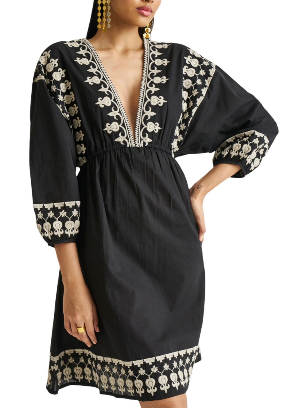 Reistor Deep-V Black embroidered Cotton dress Size Medium